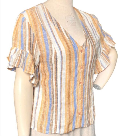 DREW "Beverly" Linen-Rayon Blend Striped Button-Up Ruffle Sleeve Top Sz M #231E - Picture 4 of 10